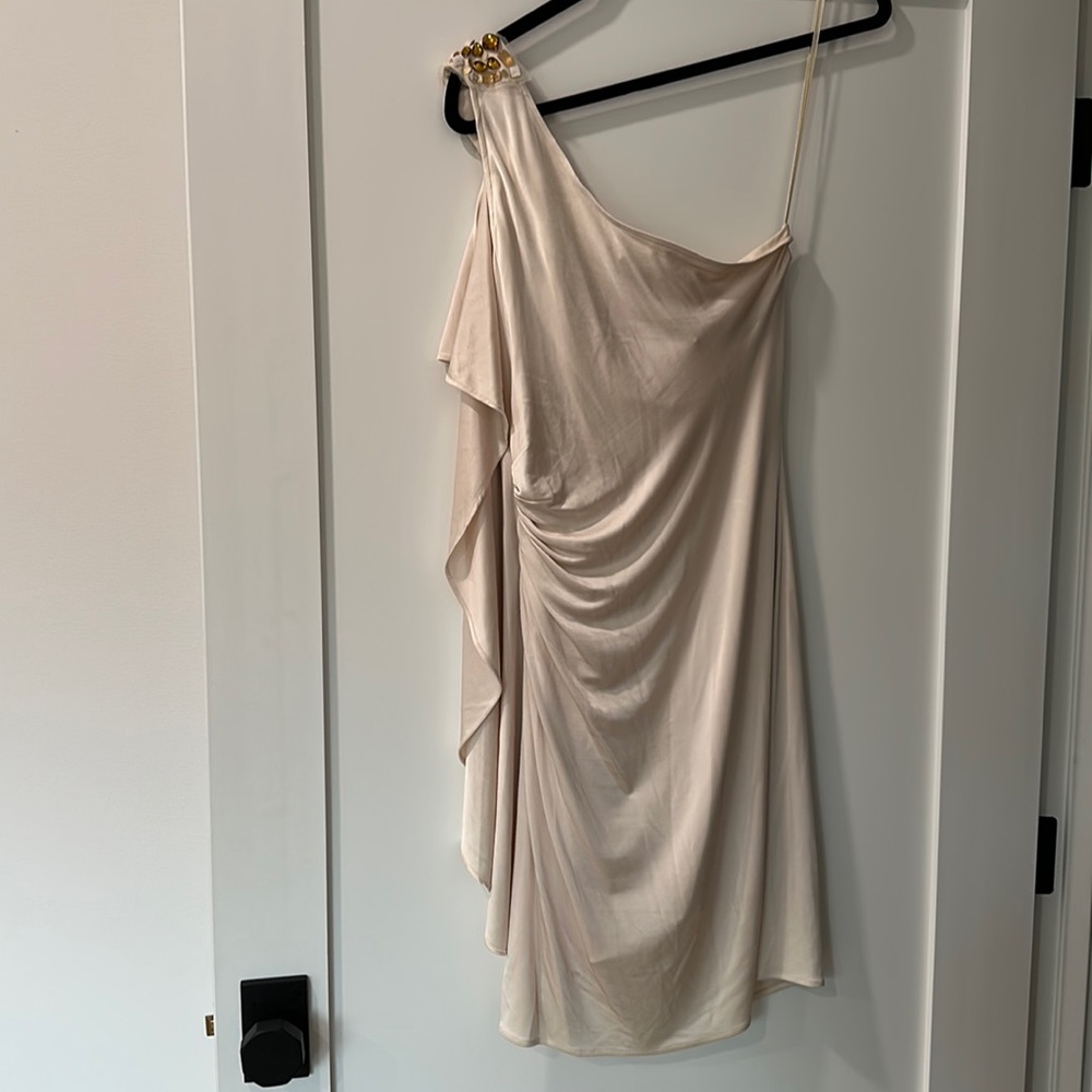 NWT BCBG Maxazria acetate interlock bodycon dress one shoulder M